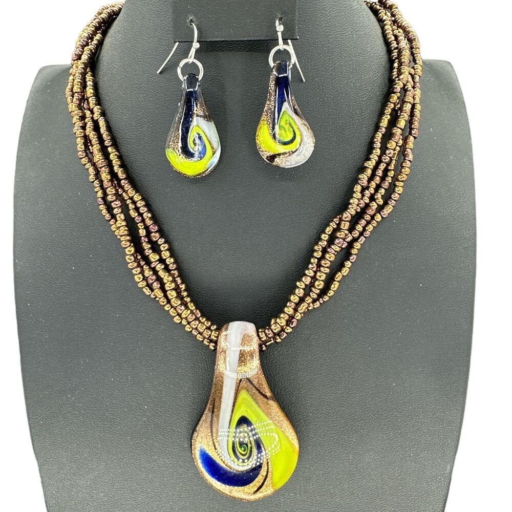 Lampwork Glass Jewerly Set Necklace and Dangle Earrings Four Strands Seed Beads